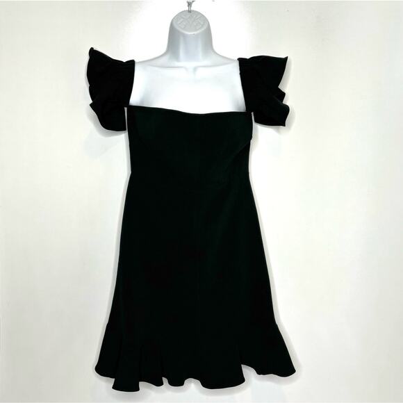 Likely Revolve Bellerose Off the Shoulder Ruffle Hem Black Mini Dress 6 - Picture 1 of 11